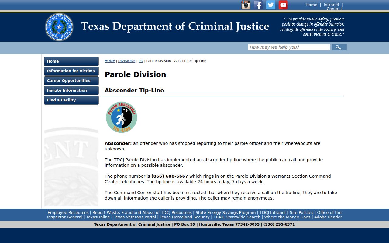 Texas parole absconder information related to Refugio County custody records