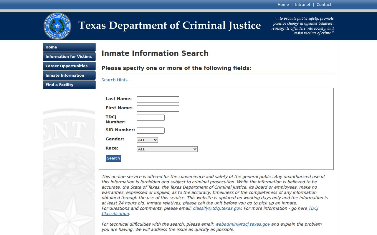 TDCJ inmate search used after Refugio County arrest and state transfer