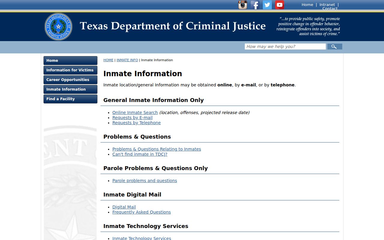 TDCJ offender information routes for Refugio County custody research