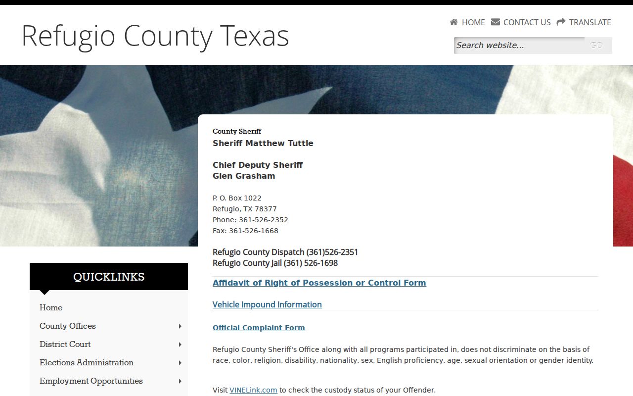 Refugio County criminal history sheriff and jail contact routes