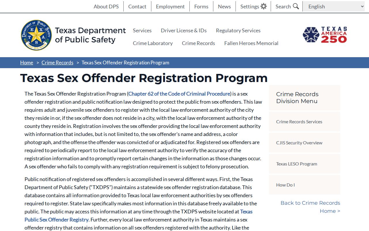 Refugio County sex offender records and Texas registration program page
