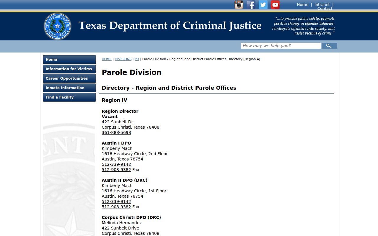 Woodsboro criminal records Region IV parole offices